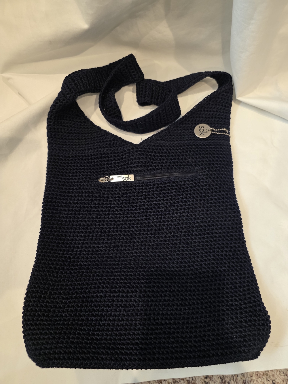 The Sak Navy Blue Crochet Knit Hobo Bag Slouchy Boho Shoulder Purse